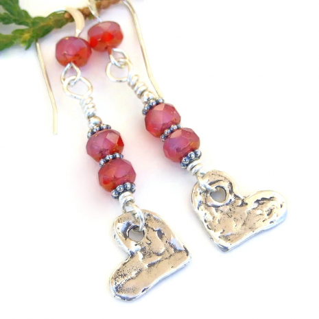 rustic heart jewelry handmade sterling silver red pink Valentines earrings gift