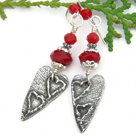 rustic hearts valentines handmade jewelry red Czech glass gift