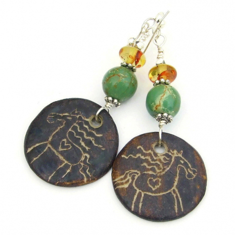 rustic horse lover earrings handmade ceramic sgraffito gift for her