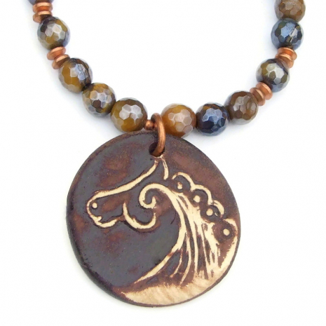 rustic horse spiral ceramic pendant jewelry handmade tigers eye gemstones