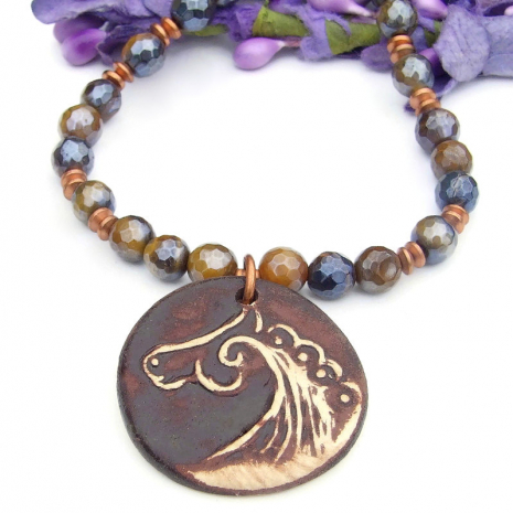 rustic horse spiral ceramic pendant necklace handmade gemstones