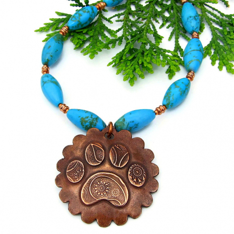 rustic paisley copper dog paw print necklace gemstones