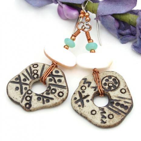 rustic petroglyph boho disc earrings handmade ceramic mother of pearl