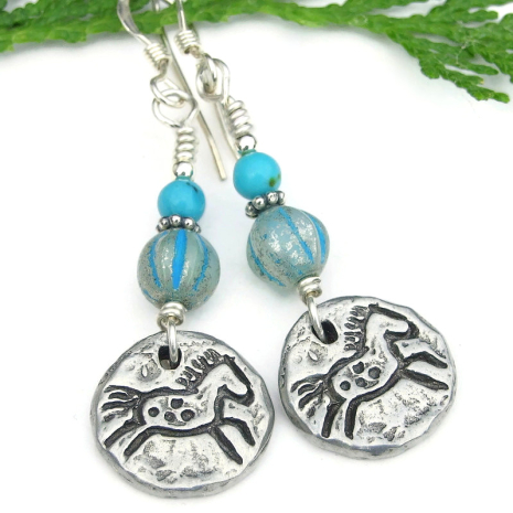 rustic petroglyph horses suns earrings handmade Southwestern turquoise