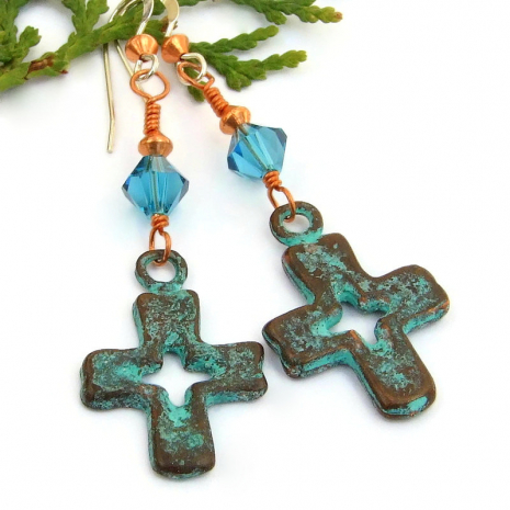 rustic turquoise patina mykonos cross earrings swarovski crystals handmade
