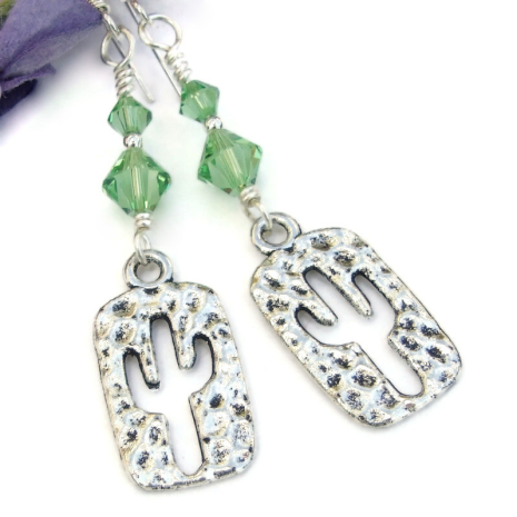 saguaro cactus textured silver jewelry green swarovski crystals handmade