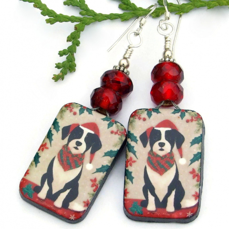 santa christmas dogs earrings handmade ceramic dog lover holiday jewelry gift