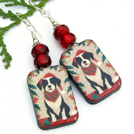 santa christmas dogs jewelry handmade ceramic dog lover earrings holiday gift