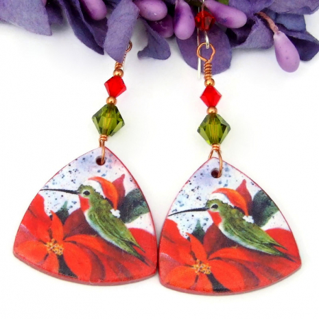 santa hummingbirds christmas handmade earrings poinsettia swarovski crystals