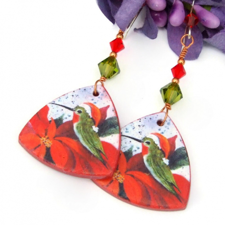 santa hummingbirds christmas handmade jewelry poinsettias swarovski crystals