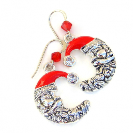 santa moon christmas earrings handmade holiday gift for women