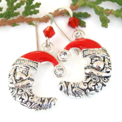 santa moons christmas holidays earrings handmade jewelry red silver crystals