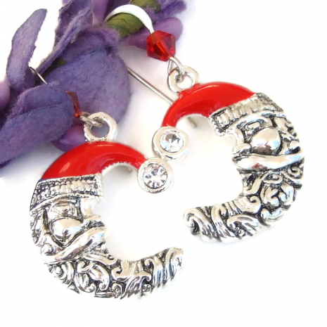 santas moons red silver handmade earrings christmas holidays crystals
