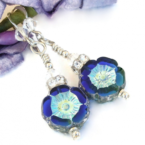 sapphire blue flower pansy handmade earrings swarovski crystals flowers