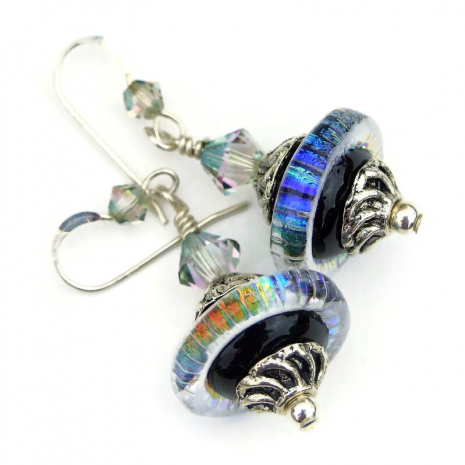 saturn flying saucer earrings rainbow dichroic glass