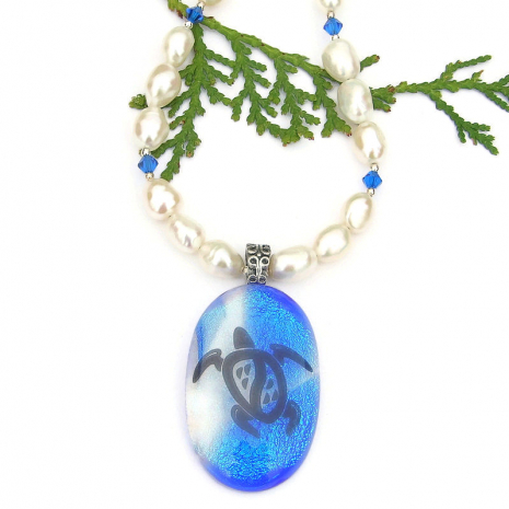 sea turtle dichroic pendant jewelry handmade pearls swarovski crystals