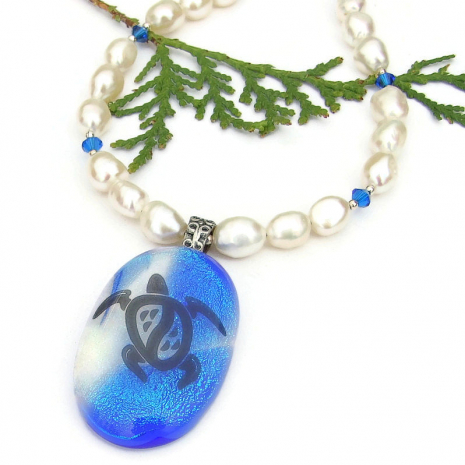 sea turtle dichroic pendant necklace handmade pearls swarovski crystals
