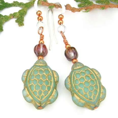 sea turtle earrings handmade green gold purple czech glass