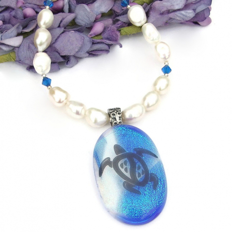 sea turtle jewelry handmade dichroic glass pearls swarovski crystals necklace gi
