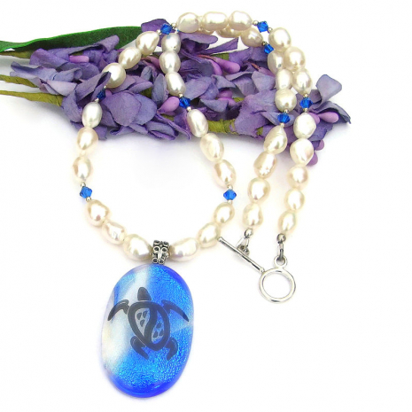 sea turtle necklace handmade dichroic glass pearls swarovski crystals jewelry gi
