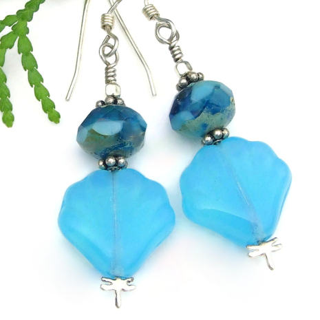 seashell handmade earrings sterling dragonfly aqua blue opal czech glass