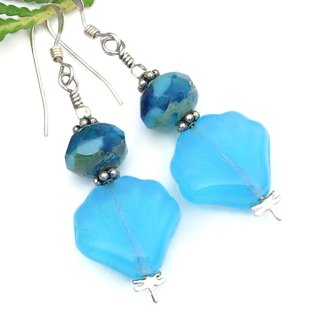 seashell handmade jewelry sterling dragonfly aqua blue opal czech glass