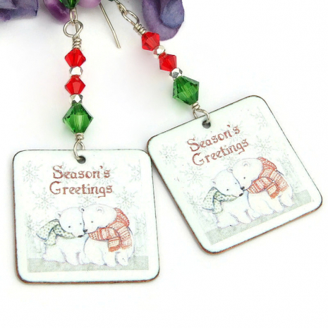 seasons greetings earrings polar bears crystals christmas jewelry handmade