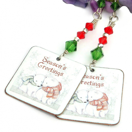 seasons greetings holiday polar bear earrings handmade christmas jewelry