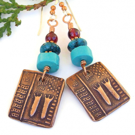 shaman petroglyph handmade earrings copper turquoise red garnet jewelry gift