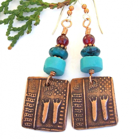 shaman petroglyphs handmade earrings copper turquoise red garnet gift