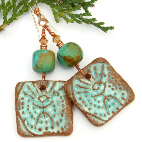 shaman rustic ceramic earrings real turquoise swarovski crystal jewelry