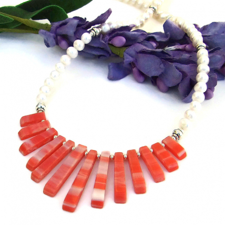 shell fan beach necklace with white pearls gift for women