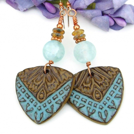 shield earrings handmade protective jewelry blue brown crackle quartz