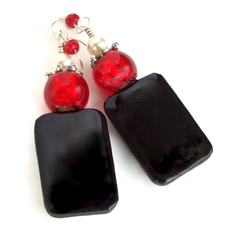 shiny black back side of christmas dog puppy earrings handmade