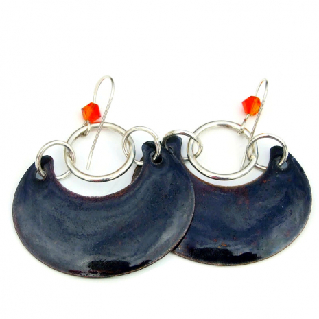 shiny black enamel back side boho flower handmade earrings