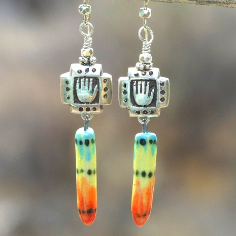 silver abhaya mudra hand colorful dangles earrings handmade gift for women