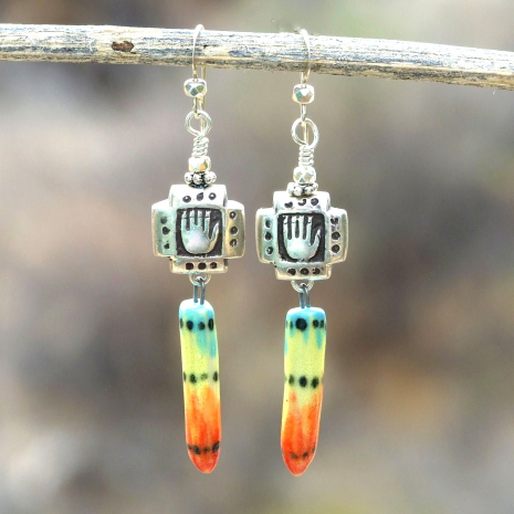 silver abhaya mudra hand colorful dangles jewelry handmade gift for women