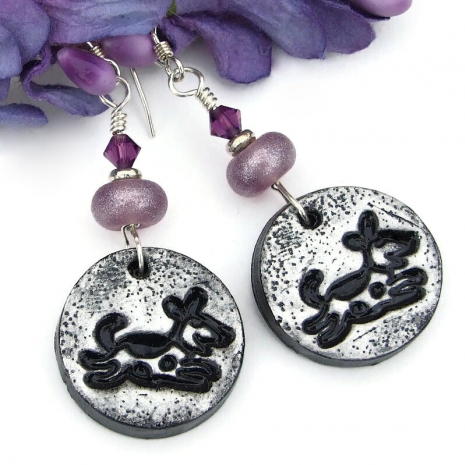 silver black dog handmade earrings lavender lampwork amethyst crystals