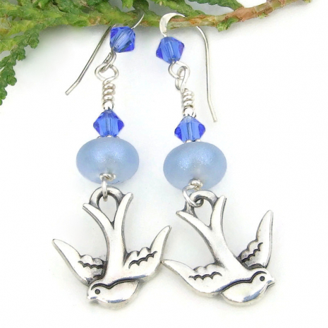 silver blue swallows bird lover earrings lampwork beads Swarovski