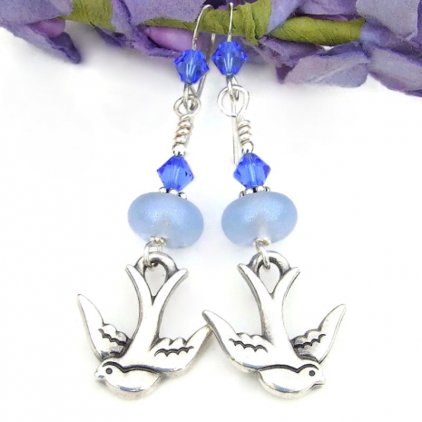 silver blue swallows bird lover jewelry lampwork beads Swarovski crystals