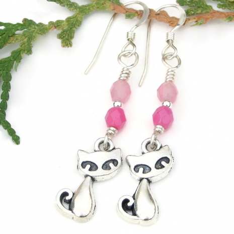 silver cat kitty earrings handmade pink beads