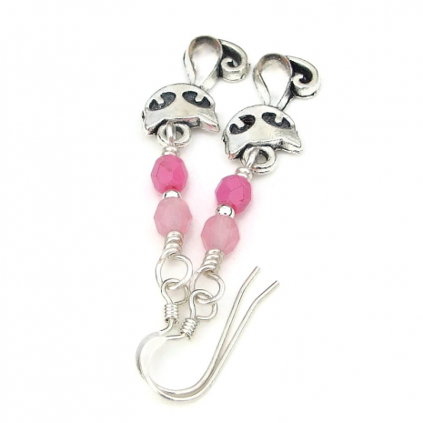 silver cat kitty jewelry handmade pink beads