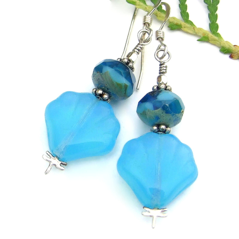 silver dragonfly aqua blue opal seashell jewelry handmade beach earrings