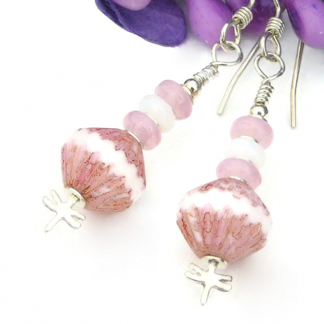 silver dragonfly earrings handmade jewelry czech glass pink white