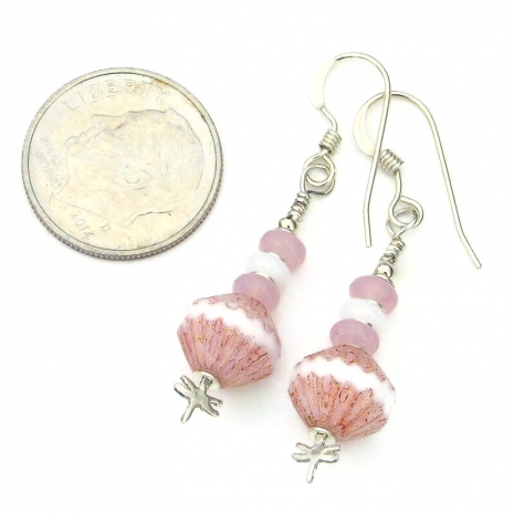 silver dragonfly handmade earrings pink white czech glass