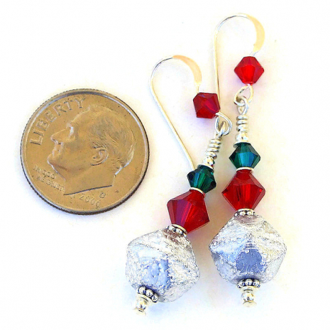 silver red green christmas holiday earrings gift for her