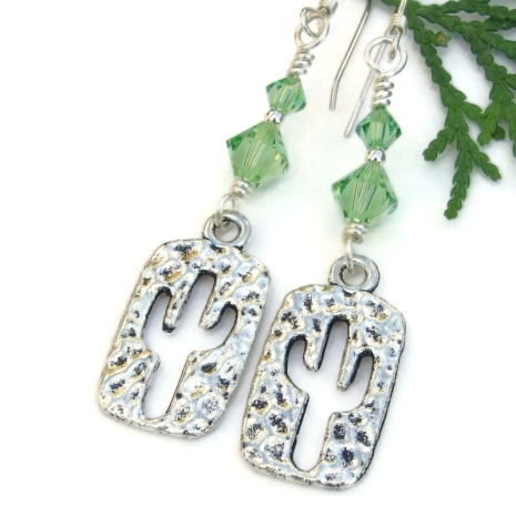 silver saguaro cactus earrings handmade green swarovski crystals