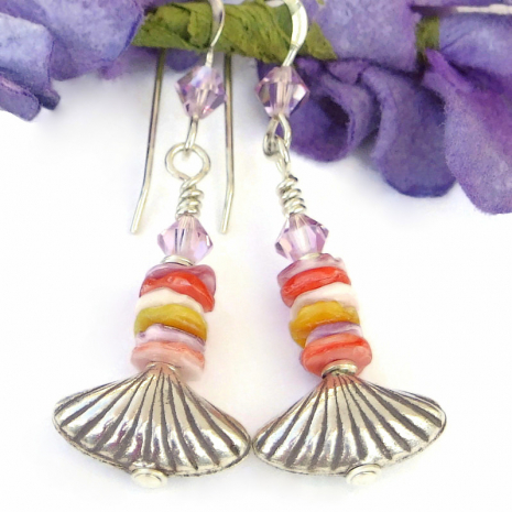 silver shell earrings handmade heishe swarovski crystals colorful