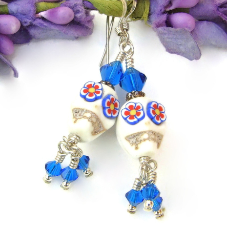 skull earrings flower eyes handmade halloween day of the dead swarovski crystals