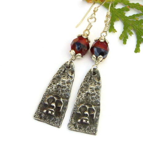 skull earrings goth halloween day of the dead jewelry pewter czech glass